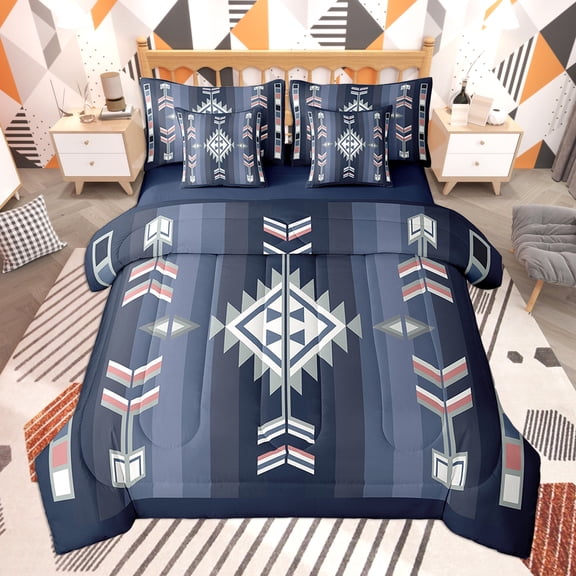 Feelyou Blue Aztec Twin Bedding Sets 7-Piece, Mandala Bohomian Bedding Comforter Set, Tribal Triangle Geometric Sheet Sets, Breathable Bedroom Decoration