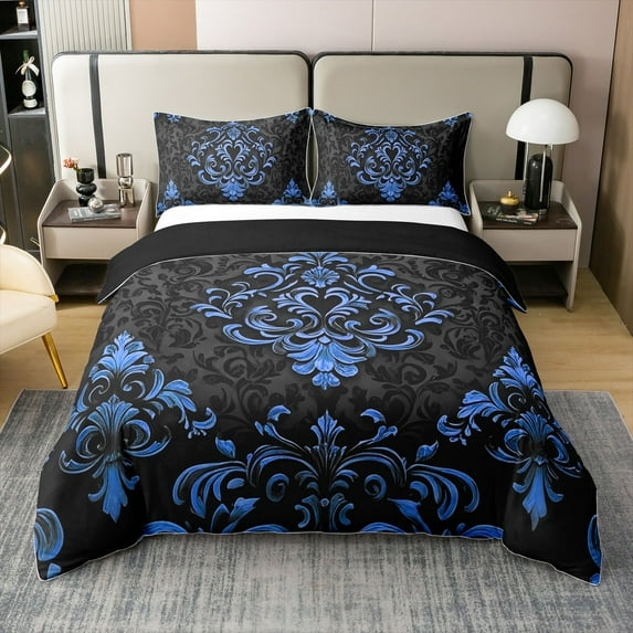 Manfei Blue Baroque Damask 100% Cotton Duvet Cover Full Size, Hippie Flower Floral Bedding Sets Full Size, Vintage Victorian Bed Set, Breathable Bedroom Decorative