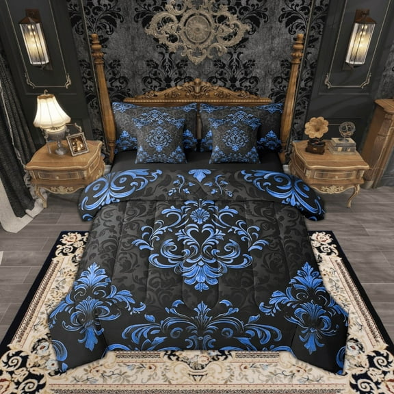 Manfei Blue Baroque Damask 7-Piece Bedding Sets Full Size, Hippie Flower Floral Comforter Sets with Sheets, Vintage Victorian Bedding Accessories, Breathable Bedroom Decorative
