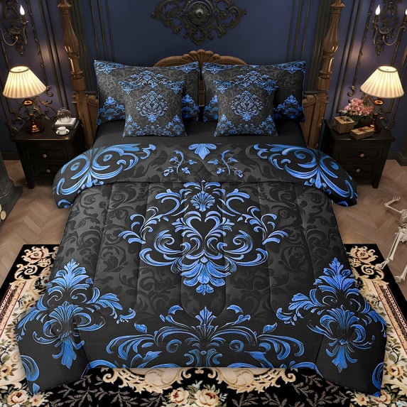 Manfei Blue Baroque Damask 7 Pieces Bed in a Bag King Size, Hippie Flower Floral Bed Set, Vintage Victorian Bed Sheets Setp with Comforter, Breathable Bedroom Decorative