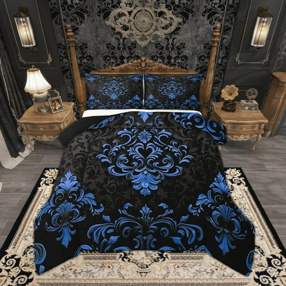 Manfei Blue Baroque Damask Comforter Sets Twin Size, Hippie Flower Floral Comforters & Duvets, Vintage Victorian Bedding Twin Comforter Set, Breathable Bedroom Decorative, 2-Piece Reversible