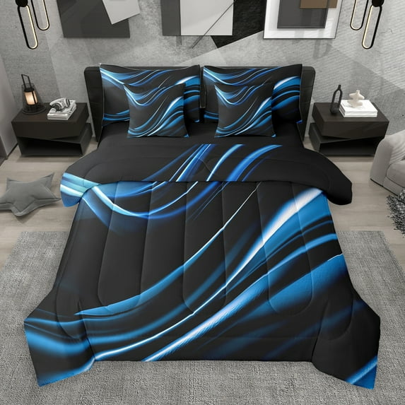 Manfei Blue Black 7 Pieces Bedding Comforter Set,Modern Minimalist Geometric Full Bedding Set,Abstract Wave Lines Fitted Sheet Flat Sheet For Teens,Ultra Soft Home Decor Reversible