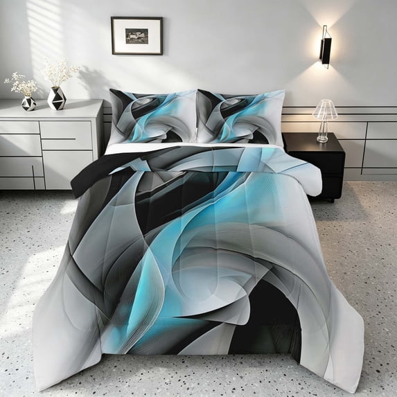 Manfei Blue Black and Gray Full Size Comforter Sets, Modern Abstract Artwork, Black Reversible 3 Pieces, 1 Comforter and 2 Pillowcases