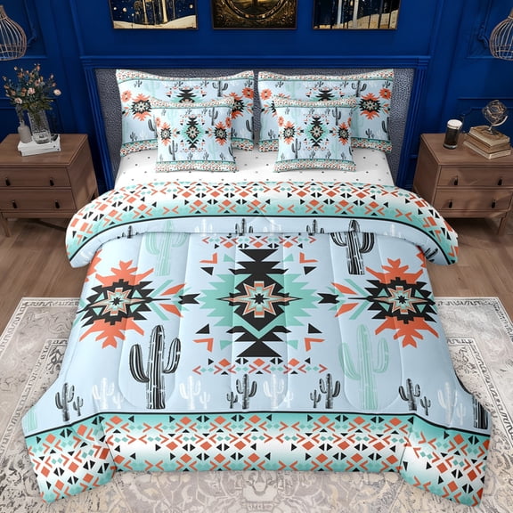 Manfei Blue Boho Aztec Bedding Comforter Set 7pcs for Women, Tribal Abstract Ombre Queen Bedding Sets, Hippie Cactus Plant Reversible Queen Sheet Sets, Breathable Home Decor