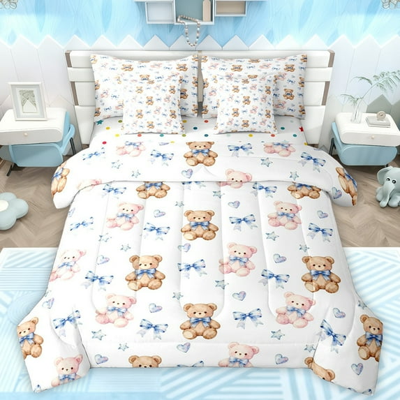 Manfei Blue Bow Bear Bedding Comforter Set 7pcs for Teen, Watercolor Stars Print King Bedding Sets, Kawaii Cartoon Theme Reversible Bed Sheets, Breathable Home Decor