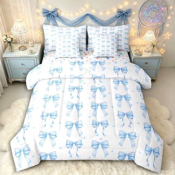 Manfei Blue Bow Bedding Comforter Set 7-Piece,Kids Cartoon Stars Pattern King Bedding Sets