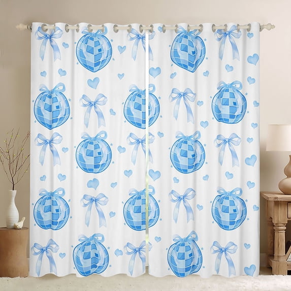 Manfei Blue Bow Disco Ball Love Heart Curtains Pack of 2 (42x84 Each) for Boys Girls, Cute Ribbon Curtains Blackout