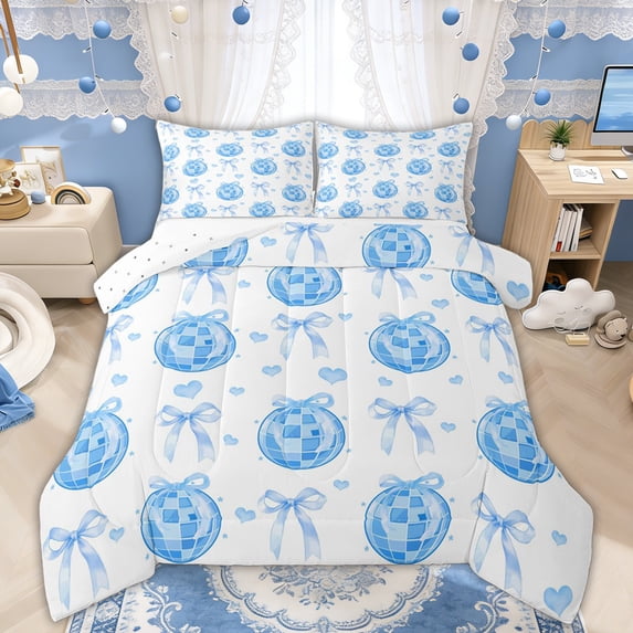 Manfei Blue Bow Disco Ball Love Heart Full Size Comforter Sets for Boys Girls, Cute Ribbon Bedding Sets, Reversible, 3 Pieces