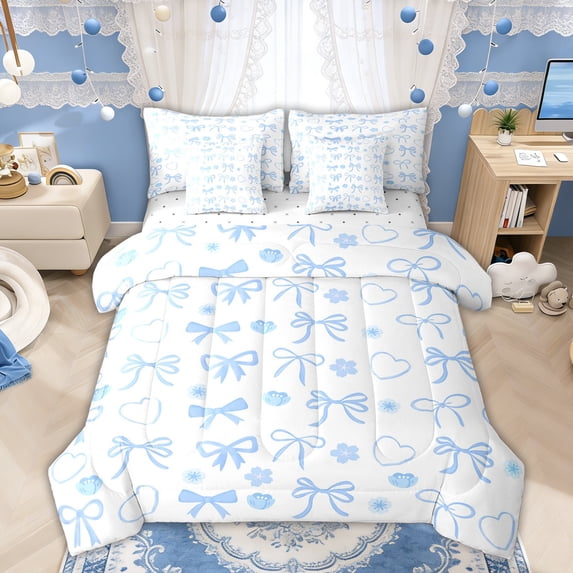 Manfei Blue Bow Love Heart Flower Bedding Comforter Set for Boys Girls, Cute Ribbon Queen Bedding Sets, Reversible, 7pcs
