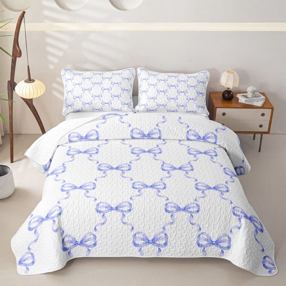 Manfei Blue Bow Quilt King for Girls, Fashion Bowknot Style King Coverlet Set