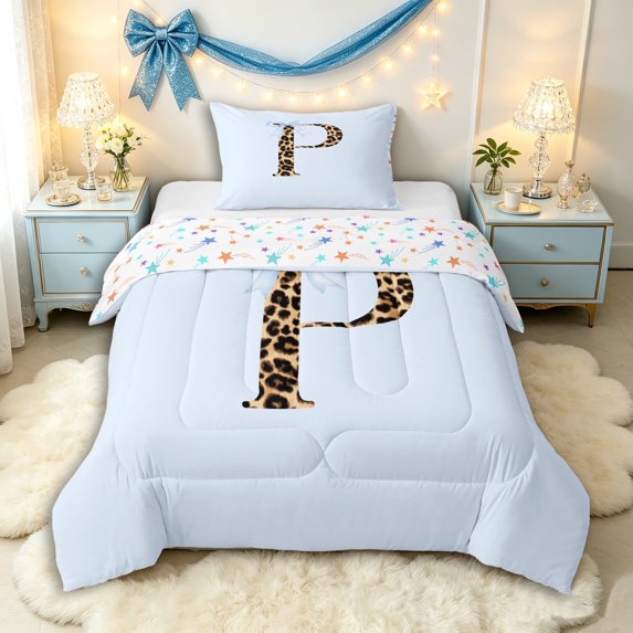 Manfei Blue Bow Tie P Personalized Initial Twin Comforter Sets 3-Piece for Teens Girls,Kids Vintage Leopard Print Letter Bedding Set,Microfiber Bedroom Decor