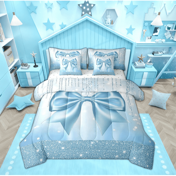 Manfei Blue Bowknot Bedding Comforter Set 7pcs, Glitter Stars Print King Bedding Sets