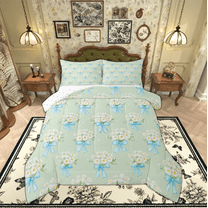 Manfei Blue Bowknot Groovy Bedding Comforter Set, Rustic Flower Floral Twin Comforter Sets, Teens Girls Female Kids Reversible Bedding Set, Ultra Soft Home Decor, 2pcs