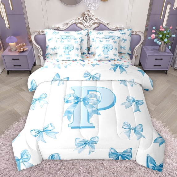 Homewish Blue Bowknot Letter Bedding Comforter Set 7 Pieces for Girl, Kawaii Initial P Letter Full Bedding Set, Cartoon Princess Style Reversible Fitted Sheet Flat Sheet, Luxury Bedroom Decor