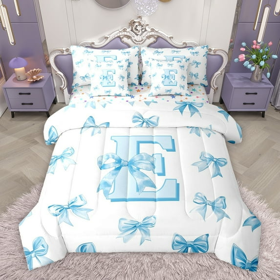 Homewish Blue Bowknot Letter Twin Bedding Sets 7-Piece for Girl, Kawaii Initial E Letter Bedding Comforter Set, Cartoon Princess Style Reversible Sheet Sets, Microfiber Bedroom Decor