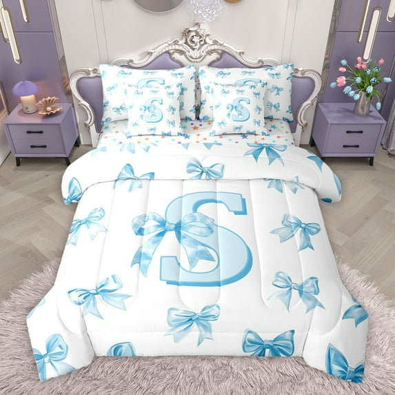 Homewish Blue Bowknot Letter Twin Bedding Sets 7-Piece for Girl, Kawaii Initial S Letter Bedding Comforter Set, Cartoon Princess Style Reversible Sheet Sets, Ultra Soft Bedroom Decor