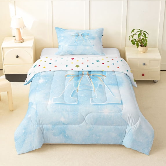 Manfei Blue Bownot Twin Comforter Sets,Girls Personalized Letter A Bedding Set,Polkadot Reversible,2-Piece,1 Comforter and 1 Pillowcase