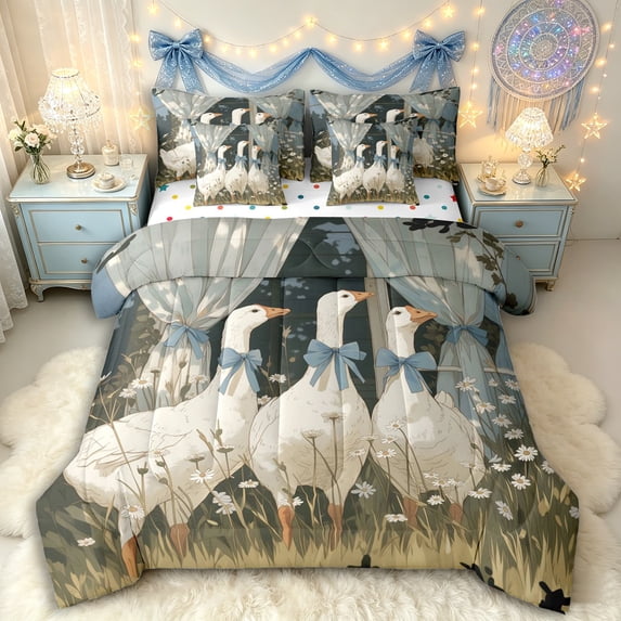 Manfei Blue Bowtie Duck Bedding Comforter Set 7 Pieces for Boys Girls,Cartoon Bowknot Animal Full Bedding Set for Kids Teens,Lightweight Room Decor