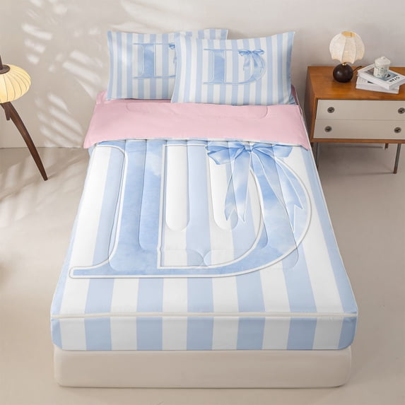 Manfei Blue Bowtie Monogrammed Print D Zipper Queen Comforter Set with Fitted Sheet and 2 Pillowcases,Geometric Stripes Pattern Zipper Bedding Set,Pink Reversible,4 Pieces
