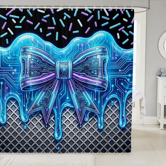 Manfei Blue Bowtie Print Shower Curtain 72Wx84L,Grid Drip Art Bathroom Shower Curtain