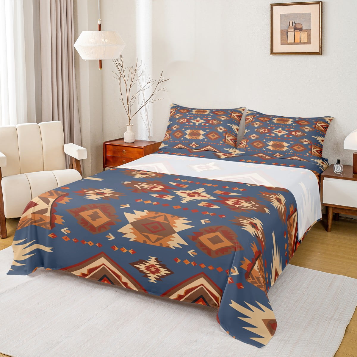 Manfei Blue Brown Aztec Full Size Sheets 4pcs, Tribal Bohemian Bed