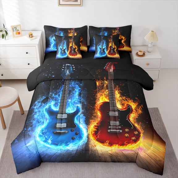 Manfei Blue Brown Guitsr 7-Piece Twin Bedding Sets,Music Theme Bedding Comforter Set,Musical Instruments Sheet Sets For Kids,Ultra Soft Home Decor Reversible
