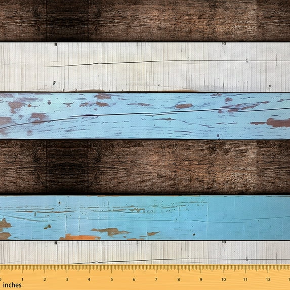 Manfei Blue Brown White Sewing & Crafting Fabric (2 Yards), Vintage Old Barn Door Home Decor Fabric by the Yard, Rustic Farmhouse Lodge Cabin DIY Fabric