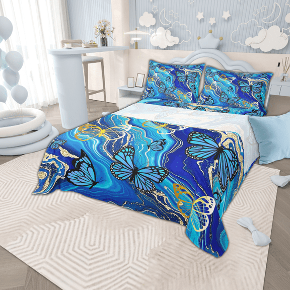 Manfei Blue Butterfly Bed Sheets Set Twin Size, Cute Wildlife Bedding Sets Twin Size, Modern Marble Top Sheet, Super Cozy Bedroom Decor, 3-Piece