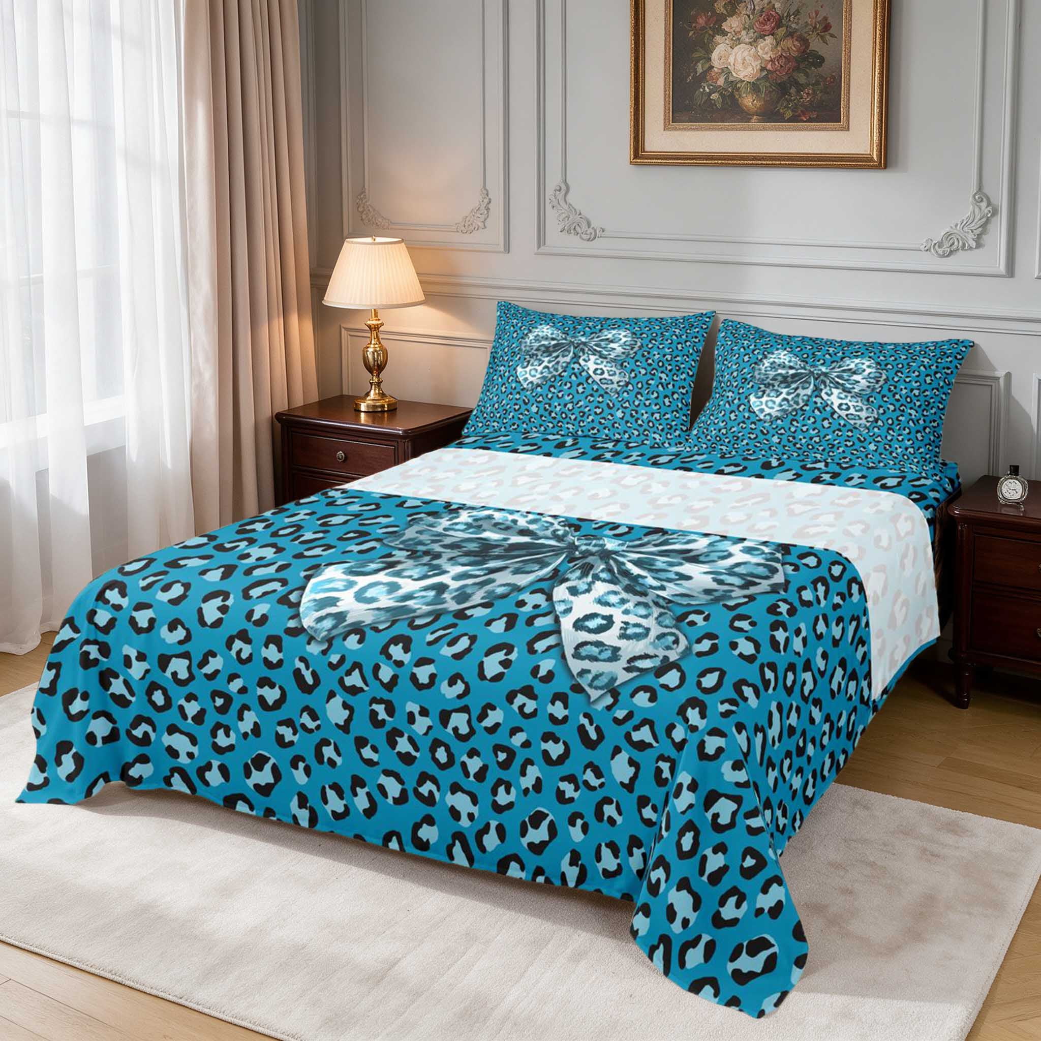 Baby Animal Ribon Manfei Blue Butterfly Bow Queen Sheets, Azure Leopard Ribbon Queen ...