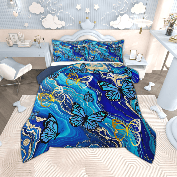 Manfei Blue Butterfly Comforter Sets King Size, Cute Wildlife Comforters & Duvets, Modern Marble Bedding King Comforter Set, Super Cozy Bedroom Decor, 3-Piece Reversible