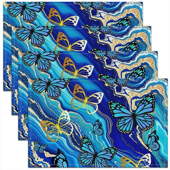 Manfei Blue Butterfly Placemats Set of 4, Cute Wildlife Table Mats for Dining Table Set of 4, Modern Marble Table Place Mats for in Door Dining, Luxurious Dining Room Decor