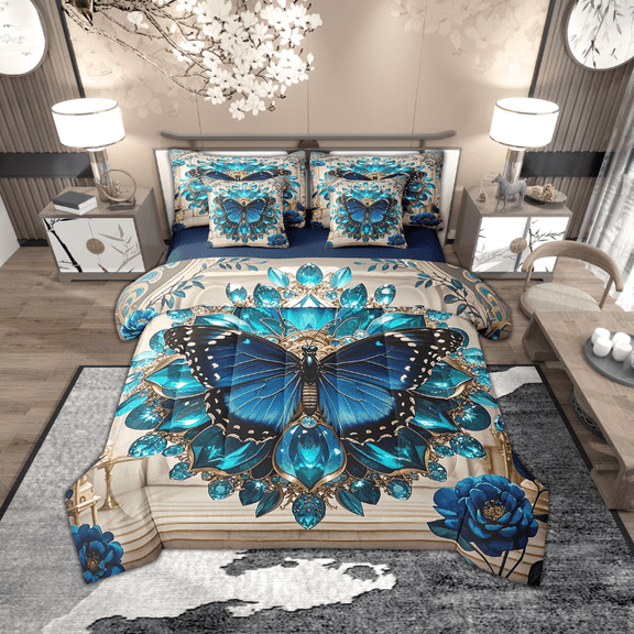 Manfei Blue Butterfly Print 7pcs Bedding Full Size, Dreamy Victorian Diamond Comforter Sets with Sheets, Vintage Damask Bed Set, Super Cozy Bedroom Decoration