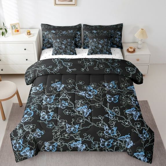 Manfei Blue Butterfly Print Bedding Comforter Set 7pcs, Romantic Blossoms Flower Queen Bedding Sets, Vintage French Style Queen Sheet Sets, Super Cozy Room Decor