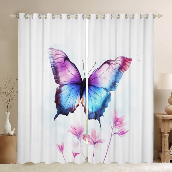 Manfei Blue Butterfly Print Black Out Curtains, Romantic Floral Flower Curtains Pack of 2 (42x63 Each), Cartoon Dreamy Animal Bedroom Curtains, Curtains Blackout Room Decor