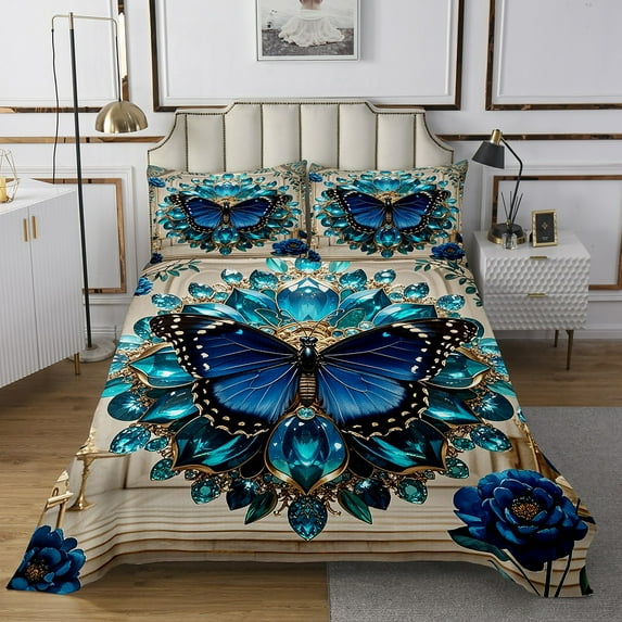 Manfei Blue Butterfly Print Quilt Sets for Twin Size Bed, Dreamy Victorian Diamond Bed Set, Vintage Damask Quilt Bedding Set, Super Cozy Bedroom Decoration, 2pcs