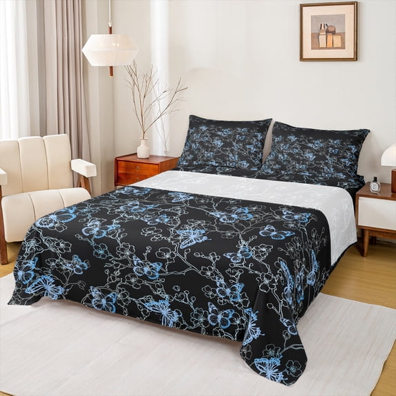 Manfei Blue Butterfly Print Twin Sheet Sets, Romantic Blossoms Flower Twin Fitted Sheet, Vintage French Style Flat Sheet, Super Cozy Room Decor, 3-Piece