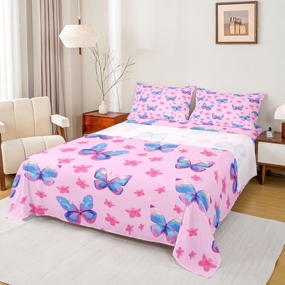 Manfei Blue Butterfly Queen Sheet Sets for Teen, Cartoon Style Flat Sheet, Pink Cherry Blossoms Queen Fitted Sheet, Luxury Bedroom Decor, 4pcs