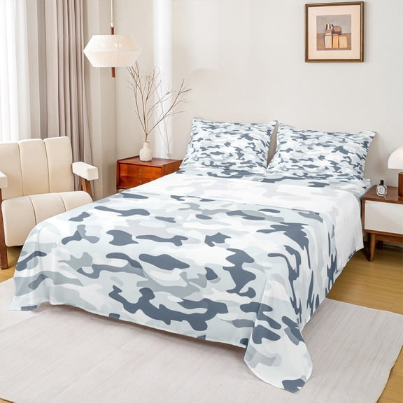 Manfei Blue Camouflage Bed Sheets, Square Geometric King Sheets, Cartoon Cartoon Sheet Set, Breathable Home Decor, 4pcs