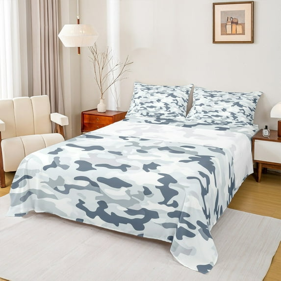 Manfei Blue Camouflage Bed Sheets, Square Geometric King Sheets, Cartoon Cartoon Sheet Set, Breathable Home Decor, 4pcs
