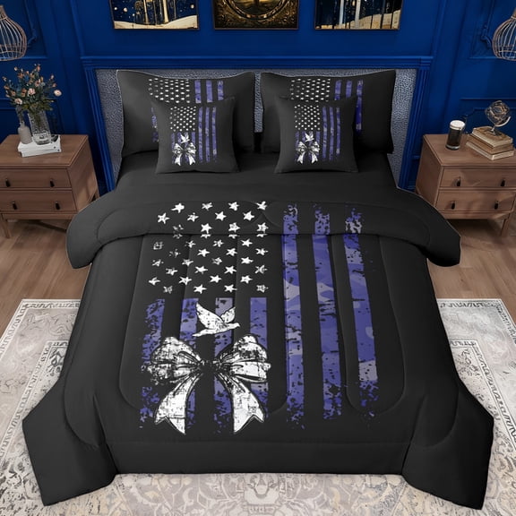 Manfei Blue Camouflage Bow-tie Bedding Comforter Set 7 Pieces, Stripes Stars Flag Full Bedding Set, Rustic Farmhouse Reversible Fitted Sheet Flat Sheet, Ultra Soft Bedroom Decor