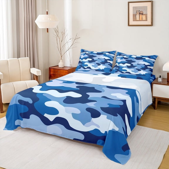 Manfei Blue Camouflage Queen Sheet Sets,Rustic Farmhouse Cabin Flat Sheet,Military Camo Queen Fitted Sheet For Boys Kids,Super Cozy Room Decor,4-Piece