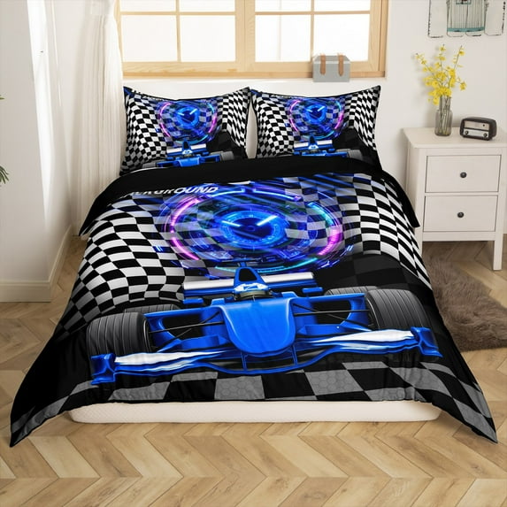 Manfei Blue Car 3pcs Duvet Cover King for Kids Teens Female Men,Extreme Sport Ultra Soft Bedding King Size,Geometric Black White Buffalo Microfiber Comforter Cover King(No Comforter)