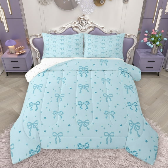 Homewish Blue Cartoon Bow-tie Bedding Comforter Set for Teens, Kawaii Stars Print Twin Comforter Sets, Dreamy Princess Style Reversible Bedding Set, Breathable Home Decor, 2 Pieces