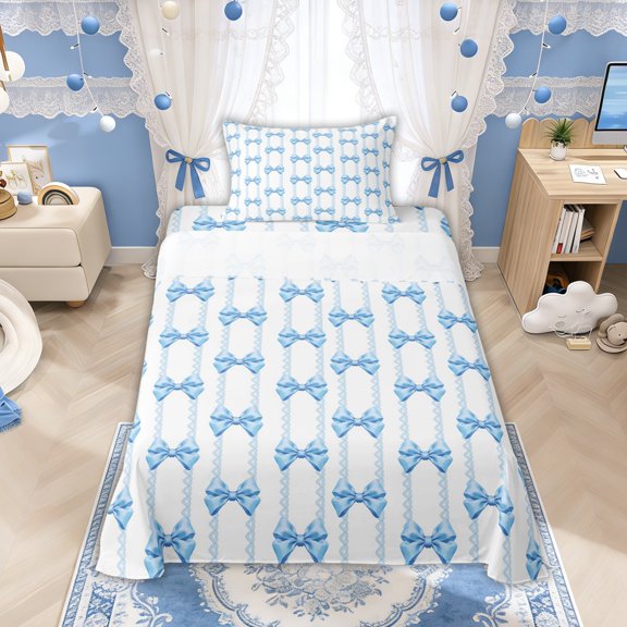 Manfei Blue Cartoon Bowknot Twin Sheet Sets for Boys Girls, Cute Stripes Bedding, 3 Pieces