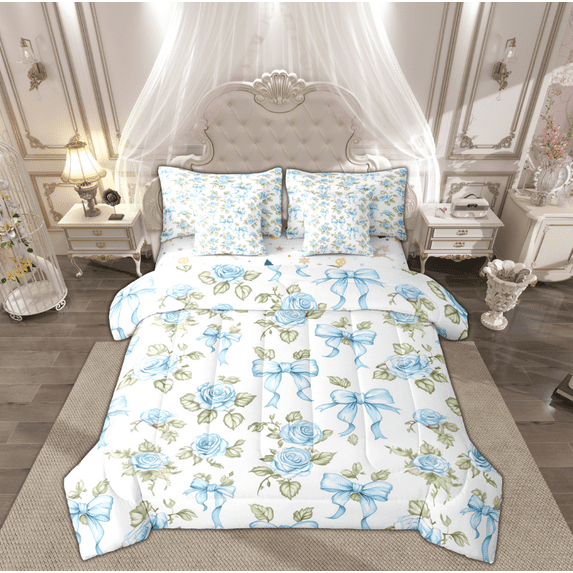 Manfei Blue Cartoon Princess Ribbon Bedding Comforter Set 7pcs for Kids, Romantic Rose Queen Bedding Sets, Farmhouse Flower Floral Reversible Queen Sheet Sets, Luxury Bedroom Decor