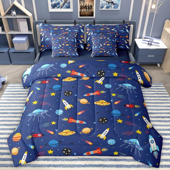 Manfei Blue Cartoon Spaceship Bedding Comforter Set 7pcs for Boy, Mystic Rocket Planet King Bedding Sets, Outer Space Theme Reversible Bed Sheets, Super Cozy Room Decor