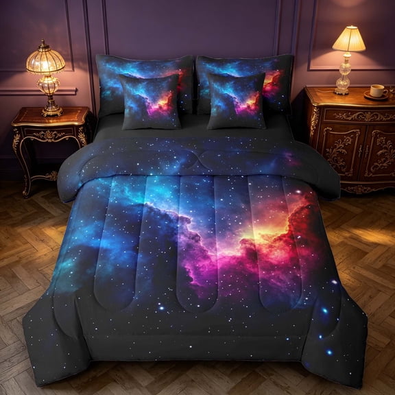 Manfei Blue Celestial Nebula 7-Piece Twin Bedding,Sparkling Bright Stars Print Bedding Comforter Set,Black Reversible
