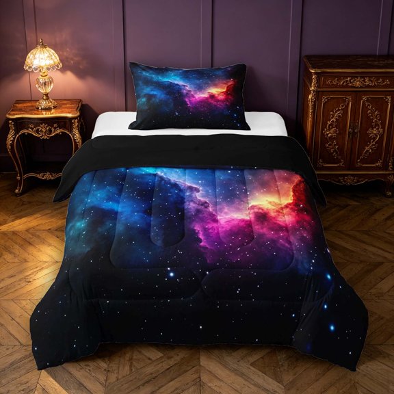 Manfei Blue Celestial Nebula Twin Comforter Sets,Sparkling Bright Stars Print Bedding Set,Black Reversible,2 Pieces,1 Comforter and 1 Pillowcase