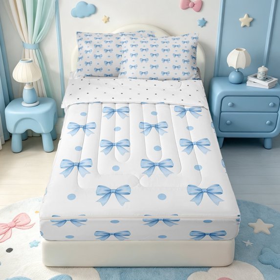 Manfei Blue Coquette Bowknot Zipper Queen Comforter Set with Fitted Sheet and 2 Pillowcases,Cartoon Cute Bow Zipper Bedding Set,Reversible,4-Piece