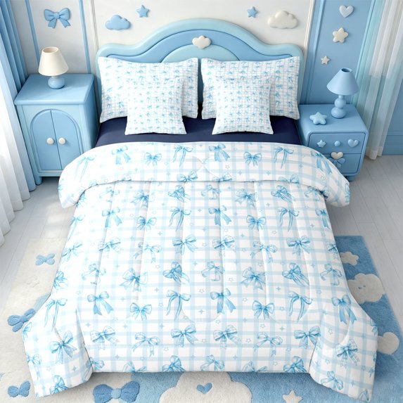 Manfei Blue Coquette Bowtie 7pcs Queen Bedding,Modern Geometric Plaid Bedding Comforter Set Queen,Navy Blue Reversible